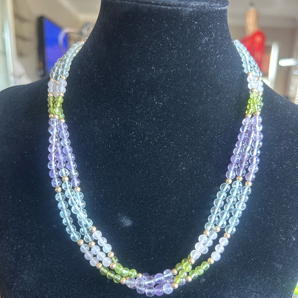 18" 3 Strand Semi Precious Stone Necklace Amethyst, Peridot, Rose Quartz, Aqua